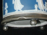 Edwardian Biscuit Barrel Wedgwood Jasperware Dip Dark Blue Bun Feet Silver Fittings