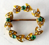 Edwardian Brooch Pin 9kt Gold Wreath Diamonds Emeralds Pearls Hand Made 1900