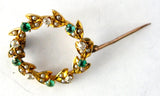 Edwardian Brooch Pin 9kt Gold Wreath Diamonds Emeralds Pearls Hand Made 1900