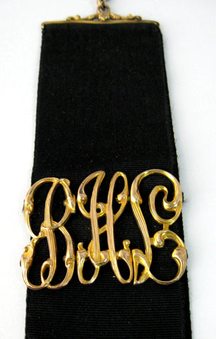 Edwardian Pocket Watch Fob Black Ribbon Fancy Initials Art Nouveau 1900