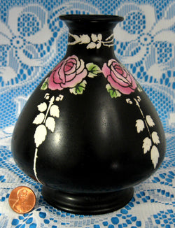 Art Nouveau Vase Shelley China Black Roses Art Pottery Antique 1920s Matte Black Flowers