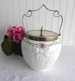 Edwardian Shelley Biscuit Barrel Green Key and Rose Rare 1910 Cookie Jar Bow Roses