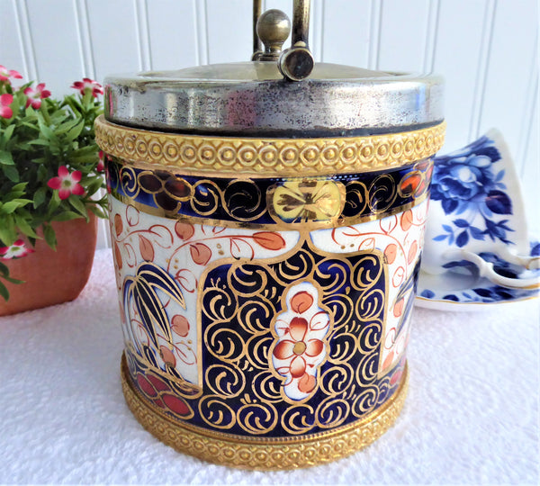 Imari Biscuit Barrel Cookie Jar Gold Overlay Cobalt Blue 1915-1918