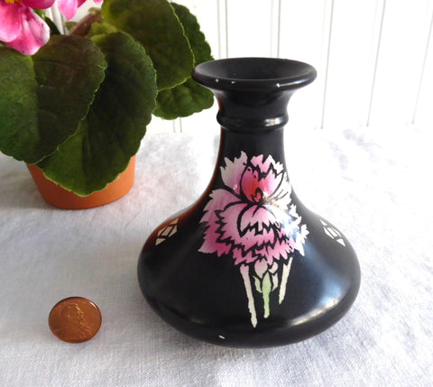 Shelley China Carnations Vase Art Deco Black England 1910s Pink Carnations 3.85 Inch