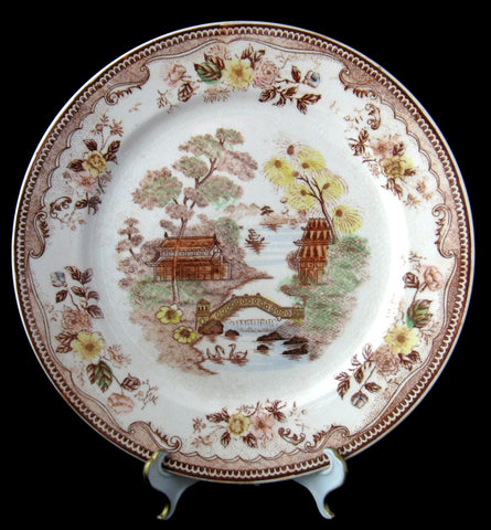 Willow Brown Transferware Dinner Plate Polychrome England 1920s 10 Inch