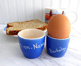 Egg Cup Pair Devon Ware 1920s Berkeley Castle Walton-On-Naze Eggcups Blue White
