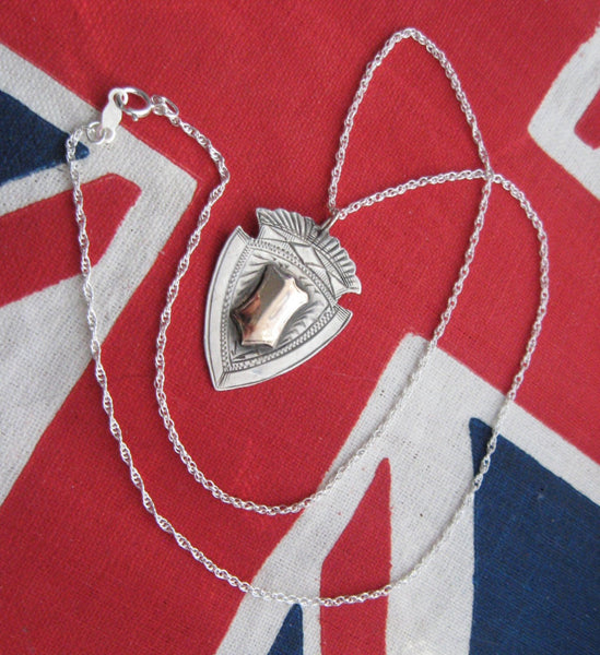 Necklace English Silver Watch Fob Necklace Hallmarked Silver 10k Rose Gold Shield 1927 Chain