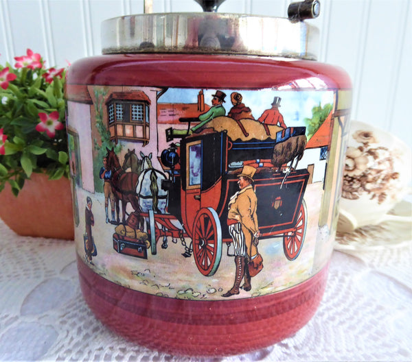 Biscuit Barrel Cookie Jar 1920s Sandland Coaching Scenes Hand Painted EPNS Mounts