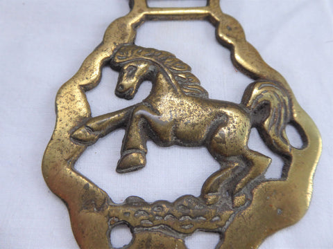 VINTAGE BRASS HORSE HARNESS MEDALLION BRIDLE ORNAMENT Rearing Standing Horse