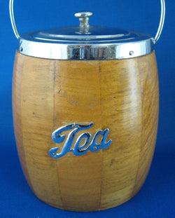 Tea Caddy Wooden Chrome Barrel England Art Deco 1950s Tea Canister
