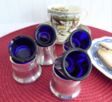 English Salt Dips 4 Art Deco Silver And Cobalt Blue Glass Liners Open Salts 1920-1930s