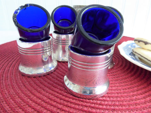 English Salt Dips 4 Art Deco Silver And Cobalt Blue Glass Liners Open Salts 1920-1930s