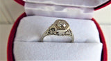 Art Deco Diamond Ring 18k Gold Filigree .52 Carat Old European Cut Diamond 1930s Red Heart Box
