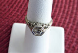 Art Deco Diamond Ring 18k Gold Filigree .52 Carat Old European Cut Diamond 1930s Red Heart Box