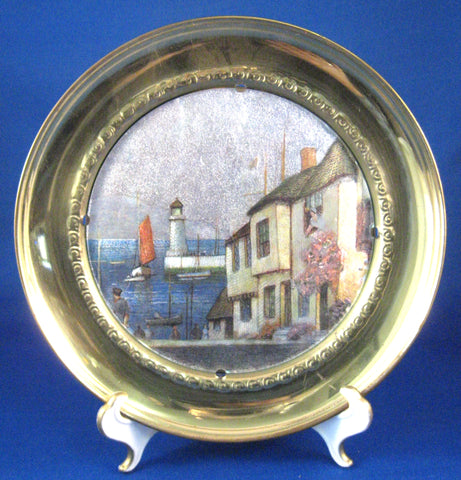 English Coastal Village Brass Plaque Metallic Vintage 1930s Wall Art England Hanging Plate