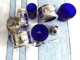 English Sterling Silver 7 Piece Condiment Set Salt Pepper Mustard Spoon 1940s Blue Glass Liners