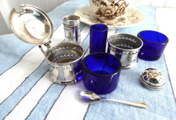 English Sterling Silver 7 Piece Condiment Set Salt Pepper Mustard Spoon 1940s Blue Glass Liners