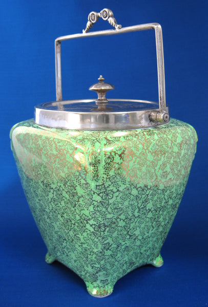 Art Deco Gold Green Brama Chintz Biscuit Barrel Fancy 1940s