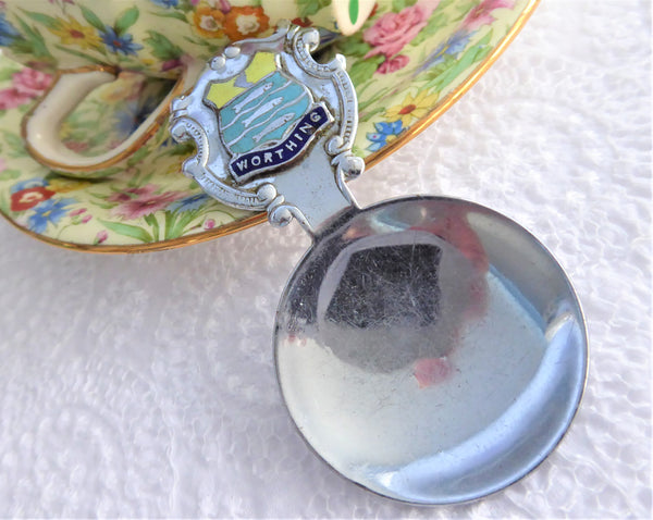 Worthing Tea Caddy Spoon Tea Scoop Enamel Shield Finial 1930s W Sussex