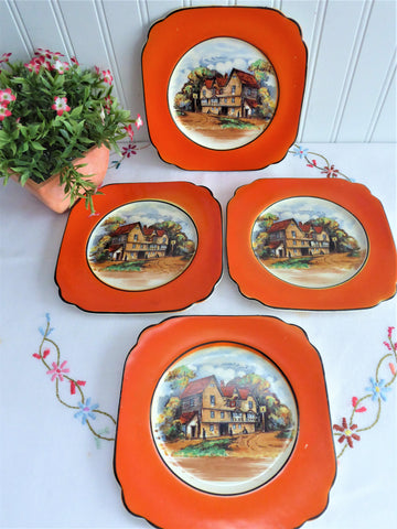 Plates 4 English Village Pub 1940s Empire Ware 6 Inch Side Plates Orange Border Black Trim