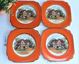 Plates 4 English Village Pub 1940s Empire Ware 6 Inch Side Plates Orange Border Black Trim