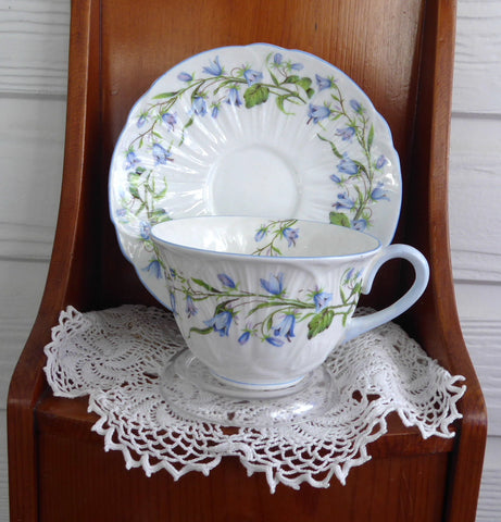 Shelley China Harebell Cup And Saucer Low Oleander Shape Blue And White