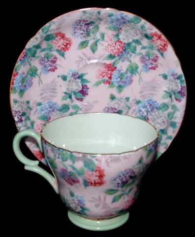 Shelley Summer Glory Chintz Demitasse Cup And Saucer 1950s Henley Shape Pink