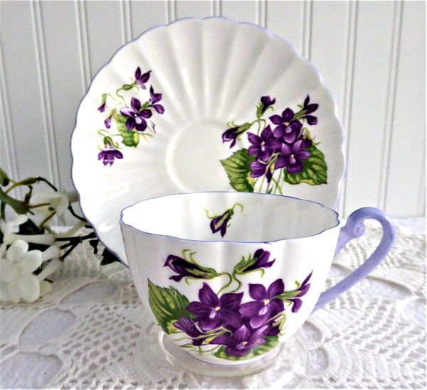Shelley Violets Ludlow Cup And Saucer English Bone China Lavender Trim 1950s