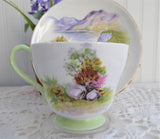 Shelley English Lakes Landscape Cup And Saucer Richmond Shape Green Trim 1950s