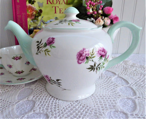 Shelley Tea Pot Eglantine Pink Blossoms Teapot 1950s Green Trim Henley Perth Shape