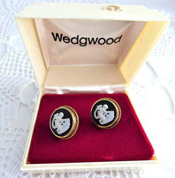 Cupid Earrings Wedgwood Black Jasper 1950s Earrings GF Screwbacks In Box
