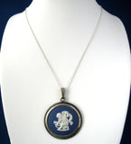 Wedgwood Jasperware Necklace Dark Blue And White Cupid Bow Silver Chain 1950s