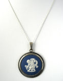 Wedgwood Jasperware Necklace Dark Blue And White Cupid Bow Silver Chain 1950s