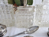 Faceted Glass Silverplate Condiment Cruet Set 1940s Salt Pepper Mustard Spoon Caddy