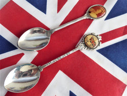 1950s English Souvenir Spoons Queen Mother Union Jack Celluloid Bubbles Silver Plate