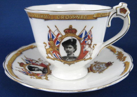Cup and Saucer Elizabeth II Coronation 1953 Crown Handle Trooping Colour Outfit