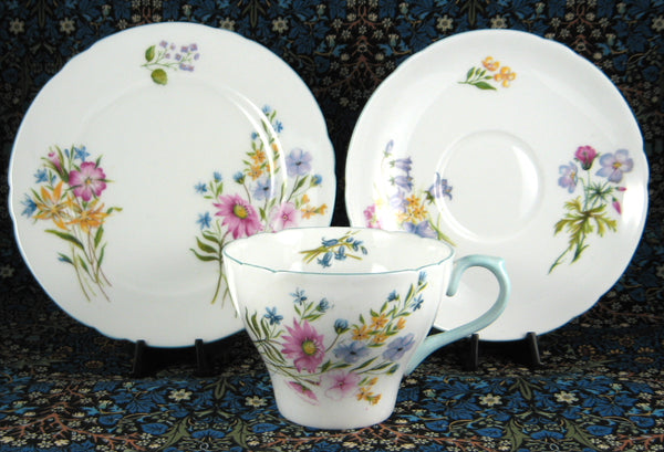 Shelley Wild Flowers Trio Teacup Saucer Plate Cambridge Shape 1950s Blue Trim