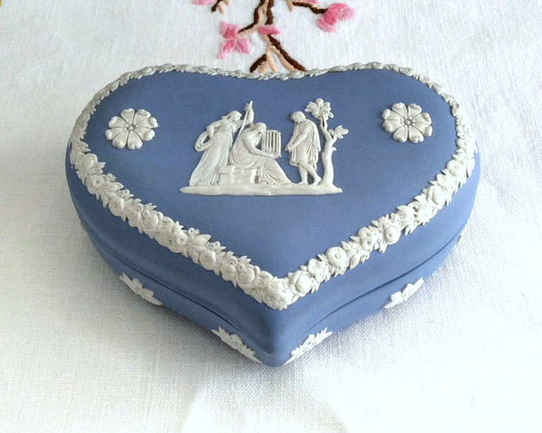 Wedgwood Jasper Heart Shape Lidded Box Group With Cage 1960s
