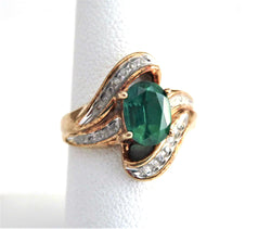 Estate Ring Green Tourmaline And Faux Diamond Ring 10k Gold 1970s Fancy Swirl
