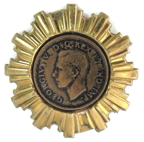 Coin Brooch King George VI England Starburst Brass Frame 1960s Royal Memorabilia