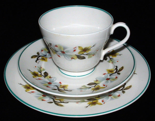 Shelley Bailey's Dogwood Teacup Trio Windsor Teal Trim 1960s