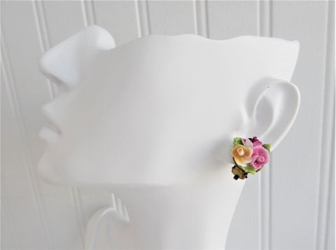 Rose Bouquet Earrings Bone China Rose Posy Vintage 1960s Thorley Hand Made