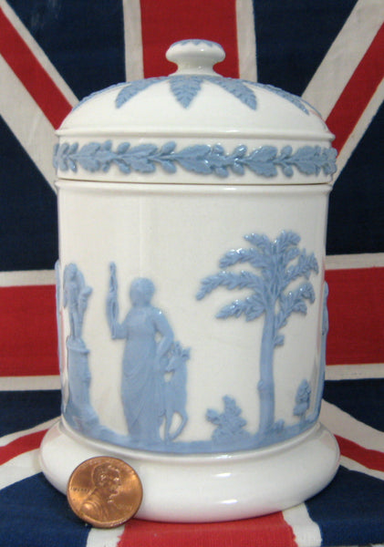 Wedgwood Queens Ware Box Cylinder Lidded Classical Figures 1960s Blue on White