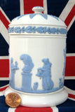 Wedgwood Queens Ware Box Cylinder Lidded Classical Figures 1960s Blue on White