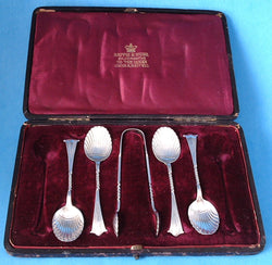 Mappin and Webb Boxed Silver Spoons And  Sugar Tongs 1930s EPNS
