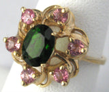 Flower Form 1970s Ring 14kt Gold Green Tourmaline Pink Zircons Cluster Engagement Ring