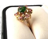 Flower Form 1970s Ring 14kt Gold Green Tourmaline Pink Zircons Cluster Engagement Ring