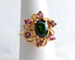 Flower Form 1970s Ring 14kt Gold Green Tourmaline Pink Zircons Cluster Engagement Ring