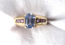 Ring 14k Emerald Cut Blue Aquamarine 6 Pink Zircons 1970s 14kt Gold Blue And Pink