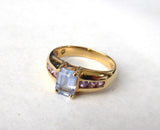 Ring 14k Emerald Cut Blue Aquamarine 6 Pink Zircons 1970s 14kt Gold Blue And Pink